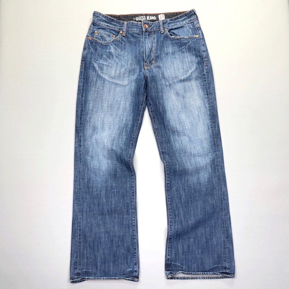 Guess The Cliff Bootcut Jeans Size 34 Cotton Blue Medium Wash Distressed Y2K Men